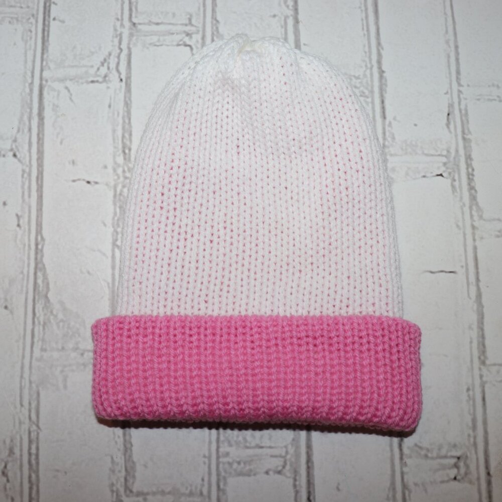 🎀💗 Handmade Knit Beanie · White + Pink · Adult Fit